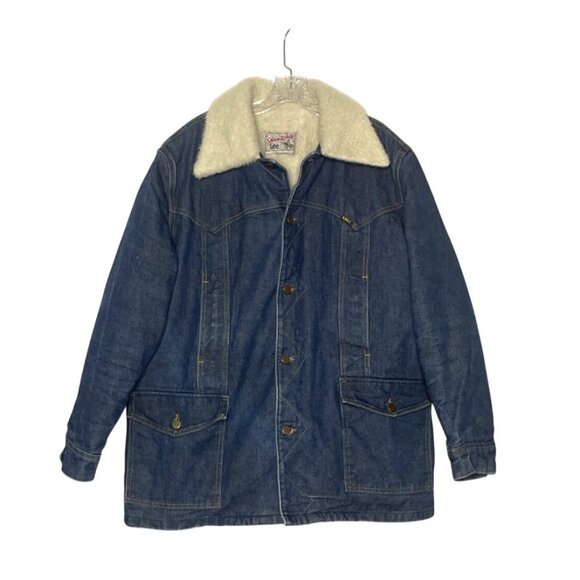 Vtg Lee Storm Rider Denim Sherpa Jacket Button Western Ranch Chore Coat USA Sz L - Picture 1 of 14